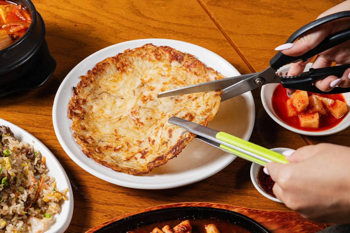 Crispy seafood pancake on a white plate